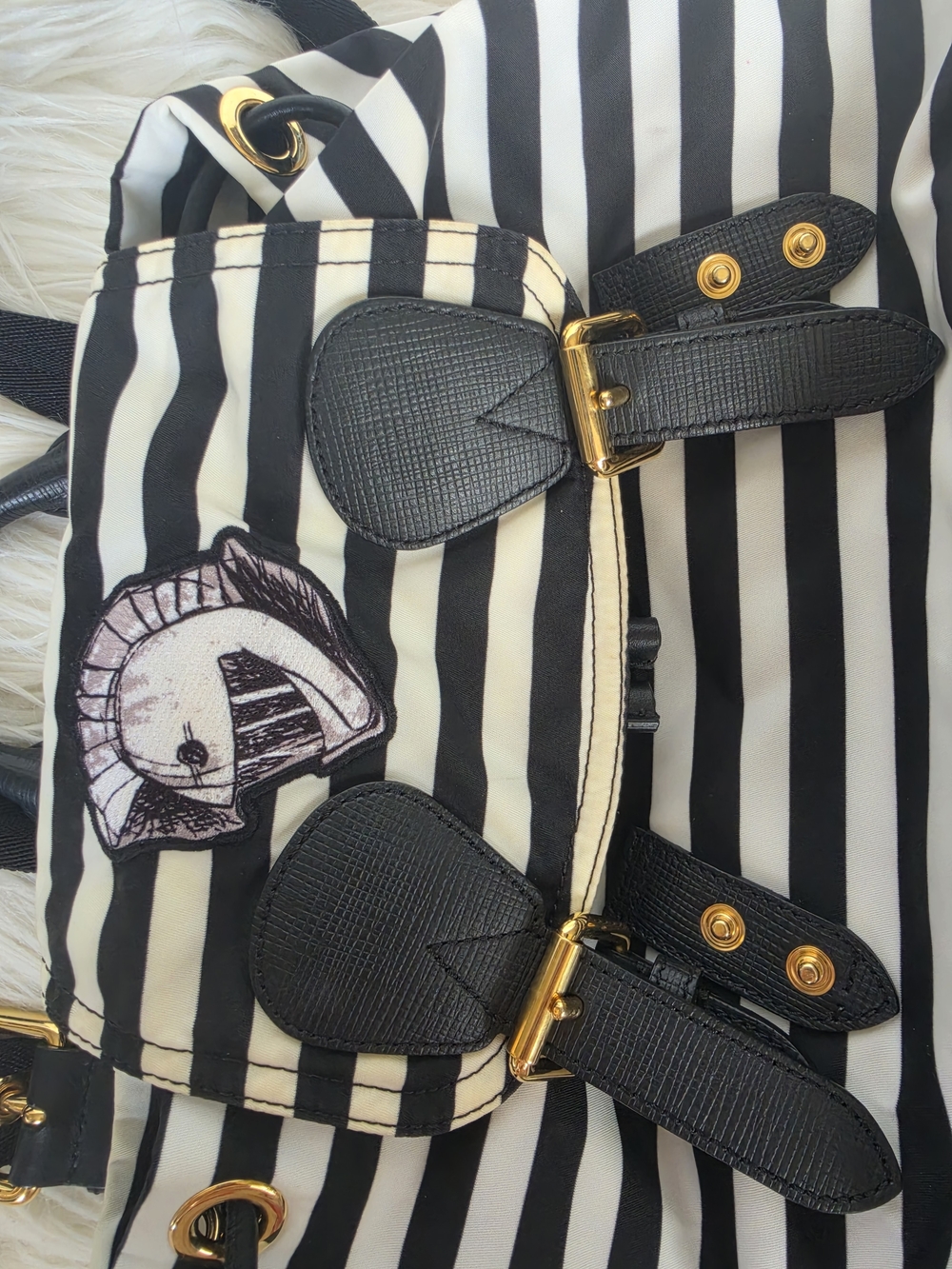 Burberry Black & White Striped Backpack with Embroidered Patches - Picture 14 of 16